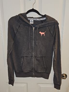 PINK Victoria's Secret Charcoal Zip Hoodie with Pink Dog Logo - Oversized